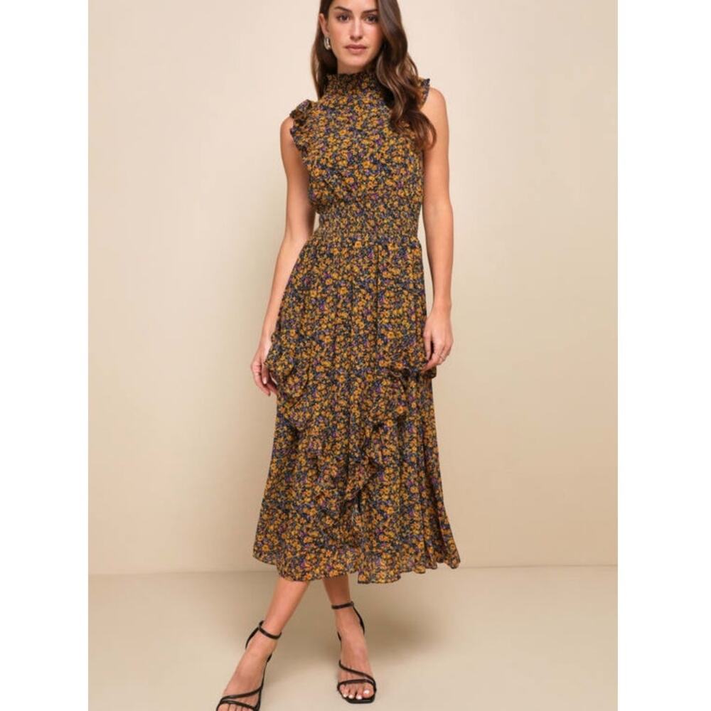 Lulus Evalina Midi Dress NWOT Sz S Floral Mock Neck Sleeveless Forest Fairy